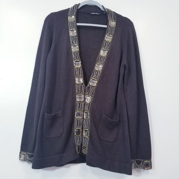 Dolce Cabo Knit Wool Cashmere Blend Chains Jeweled Cardigan - Picture 1 of 14